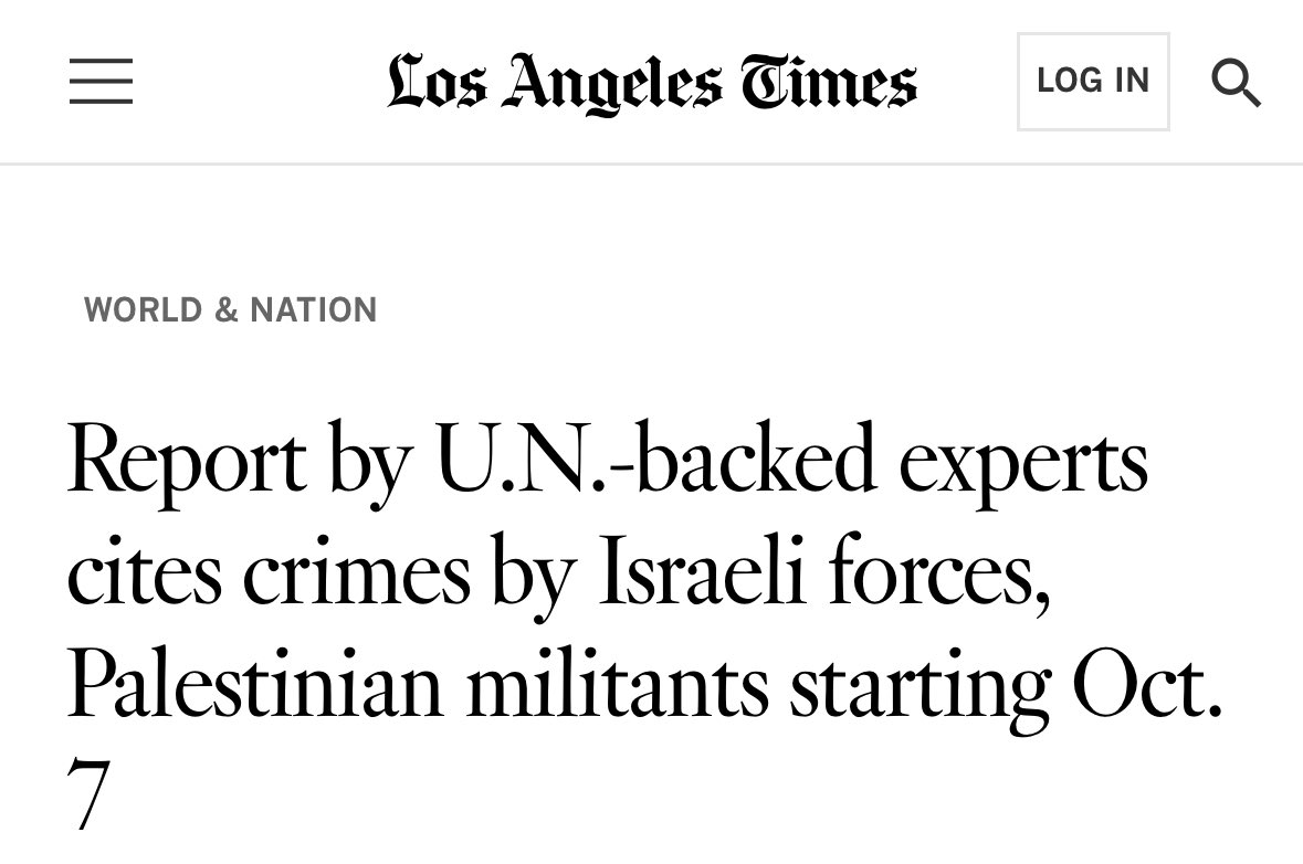 SanaSaeed's tweet photo. The independent UN investigation that dropped earlier today should be making headlines for the following findings:

- “Strong indications” that at least 14 Israelis were killed intentionally by IDF on 10/7 under the Hannibal directive 

- Israel is committing the crime of extermination (in addition to starvation, torture, sexual violence, murder, etc)

- No evidence of mass / systematic rapes of Israeli women or that Hamas made any such call

- Systematic sexual violence used against Palestinians, including gender-based violence against Palestinian women by the IDF

The leading headlines today though? Obfuscation & equivocation of genocide at its finest.