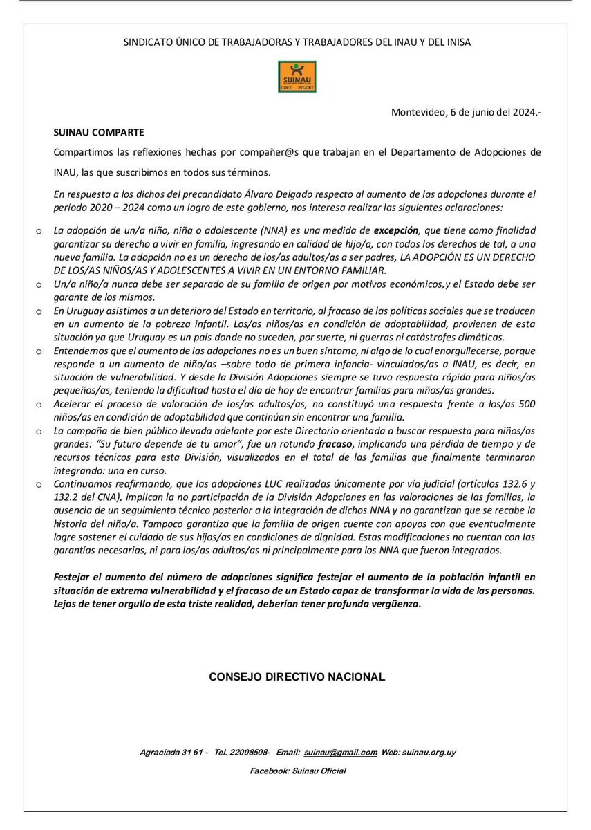 CAROLINASILVA69's tweet photo. SUINAU COMPARTE 
Hacemos público un comunicado realizado días atrás, elaborado por nuestr@s compañer@s del Departamento de Adopciones, en respuesta a declaraciones hechas por el precandidato nacionalista Álvaro Delgado, que no compartimos. https://t.co/IBmJQc6Wvo
