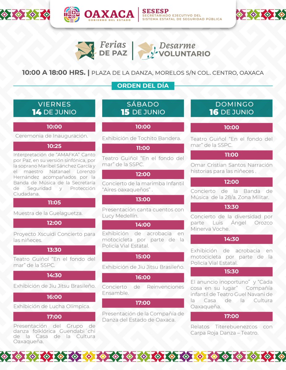 Del 14 al 16 de junio podrás cambiar armas, municiones y explosivos por apoyos económicos en la Plaza de la Danza con un horario de atención de 10:00 a 18:00 horas.  #YoPorLaPaz