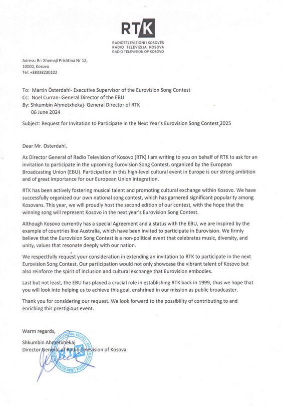 #Kosovo officially has submitted a request to the EBU for participation in #Eurovision 2025 🥺❤️🇽🇰. EBU, say YES to Kosovo 🤞