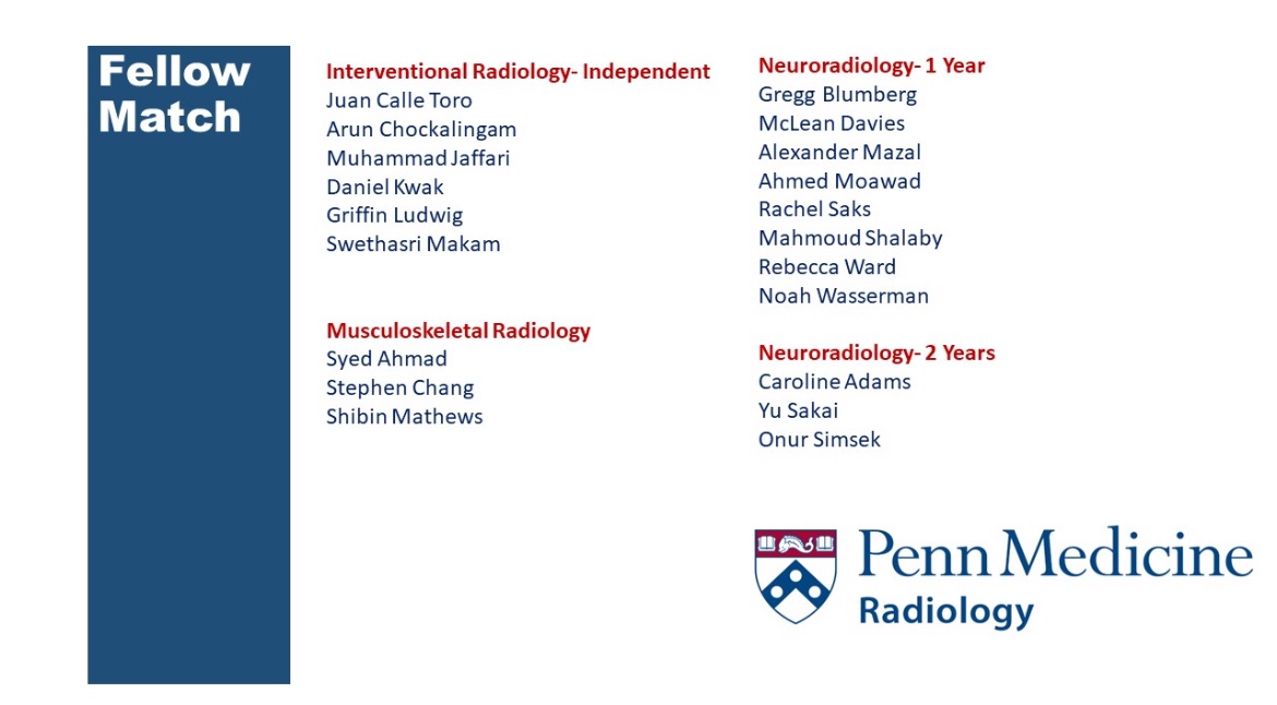 Thrilled to announce the results of our 2024 Fellowship Match ! Welcome to the Penn Radiology Family. We can’t wait for you to join us in 2025 #FellowMatch #RadRes #MatchDay