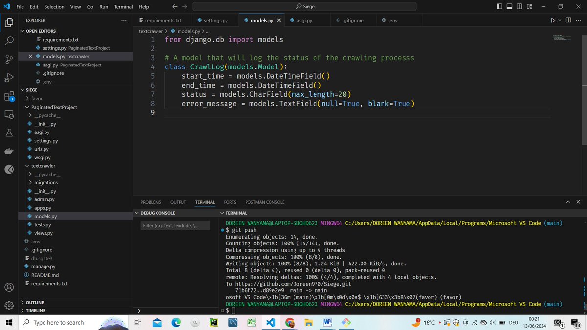 DoreenNangira's tweet image. Day 57 of #100DaysOfALXSE
Continued with my web crawling series. Created the models I should use for my web crawler and modified the settings.py file to match my project
#Django #webcrawling #Python
@facesofalxse