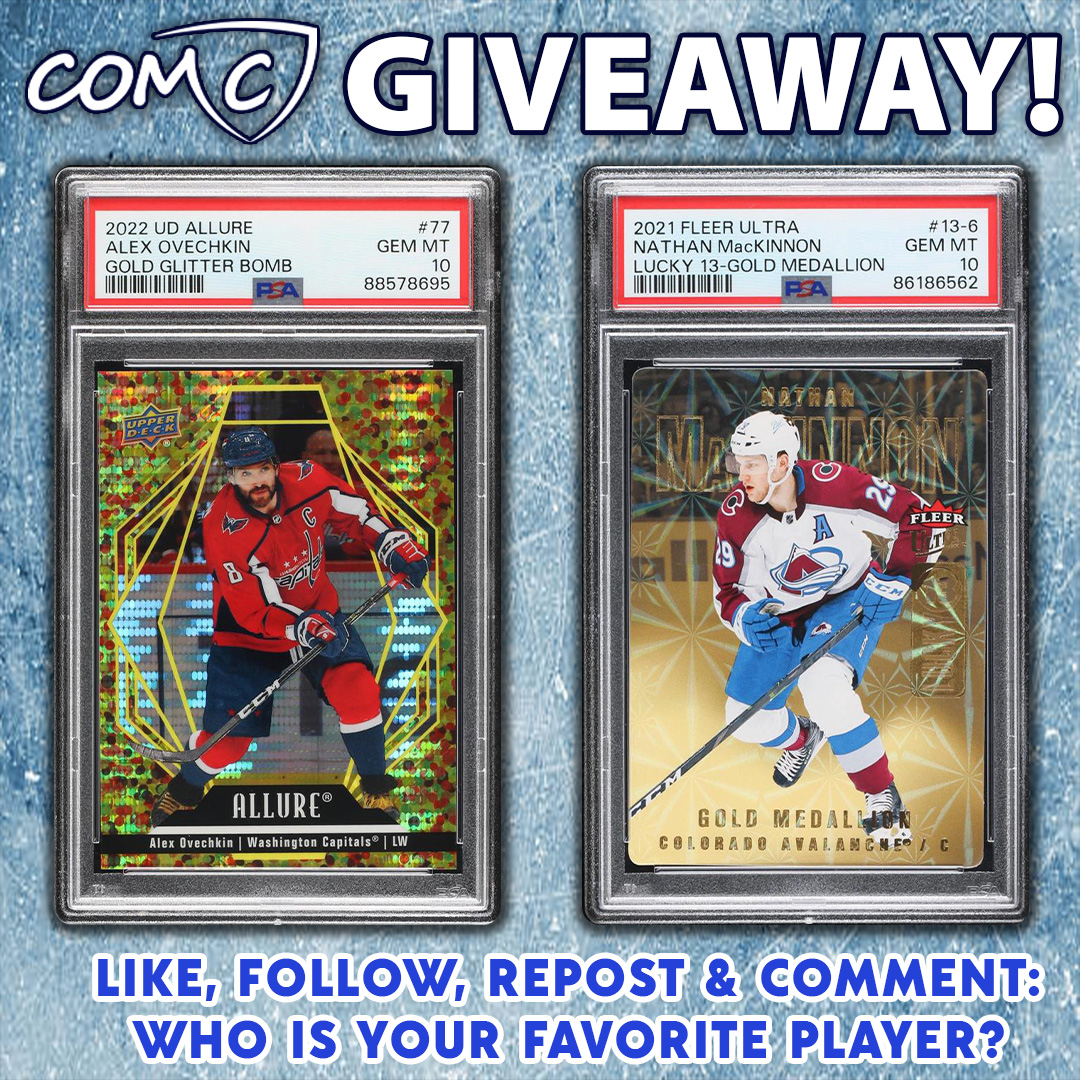 💥COMC #NHL GIVEAWAY!💥Like, follow, repost, and COMMENT: Who is your favorite current player? 🏒 You could win one of these 2 @PSA 10 graded cards! 🙌 Contest ends June 14th at 11:59 PM PST. Winners will be chosen randomly and must have a COMC account. Good luck to all! 🍀🤞