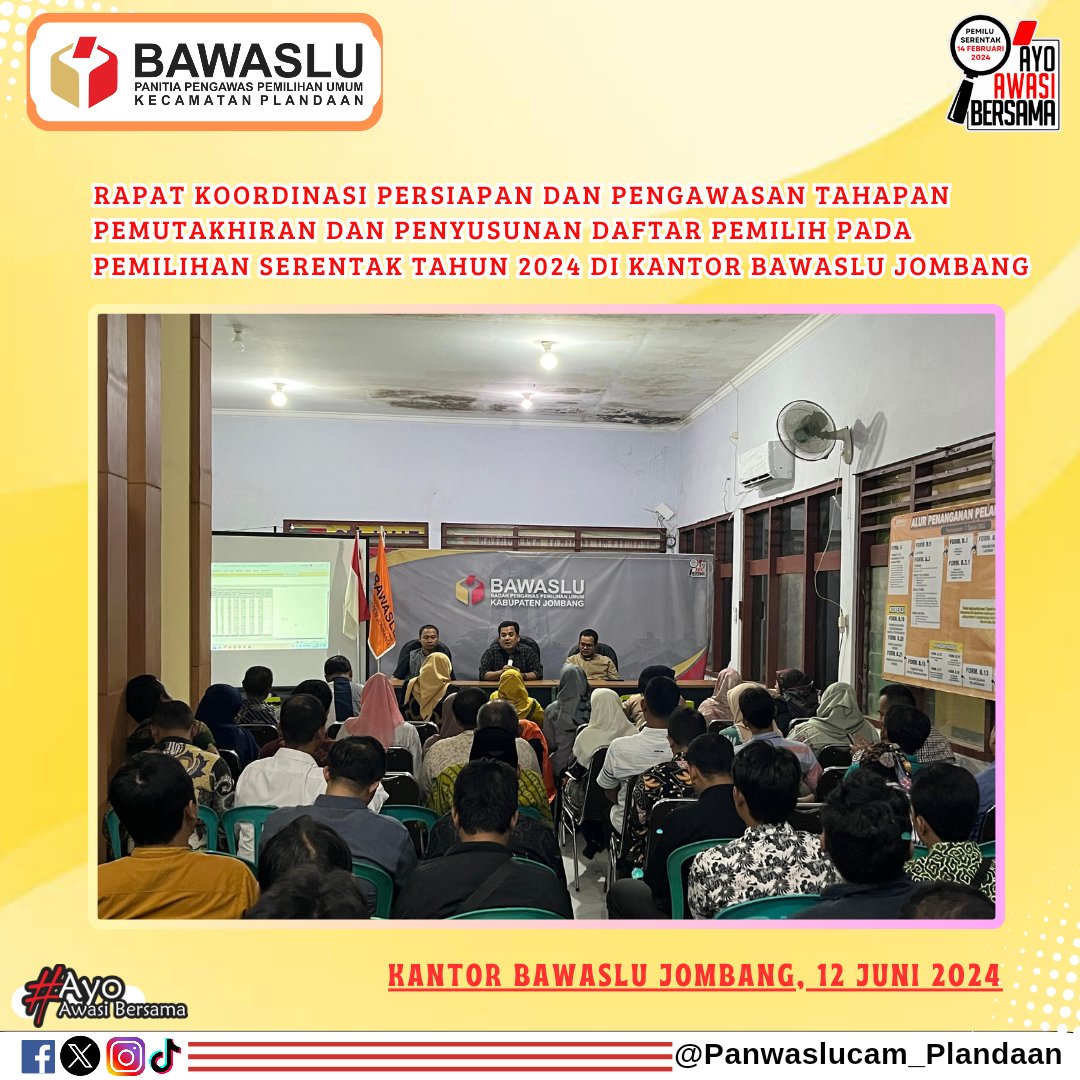 Panwasplandaan's tweet photo. Rapat koordinasi persiapan dan pengawasan tahapan pemutakhiran dan penyusunan daftar pemilih pada pemilihan serentak tahun 2024 di kantor Bawaslu Jombang. 
12 Juni 2024

#BawasluJatim
#BawasluJombang
#AwasiCegahTindak
#BawasluMengawasi
#AyoAwasiBersama
#PemiluPemilihan2024 https://t.co/JjuL5mZoK9