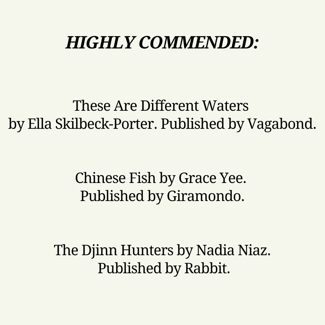 AusPoetry's tweet photo. The judges also awarded three highly commended awards: These Are Different Waters by Ella Skilbeck-Porter (Vagabond, 2023), Chinese Fish by Grace Yee (Giramondo, 2023) and The Djinn Hunters by Nadia Niaz (Rabbit, 2023). https://t.co/F1otPhqWeB