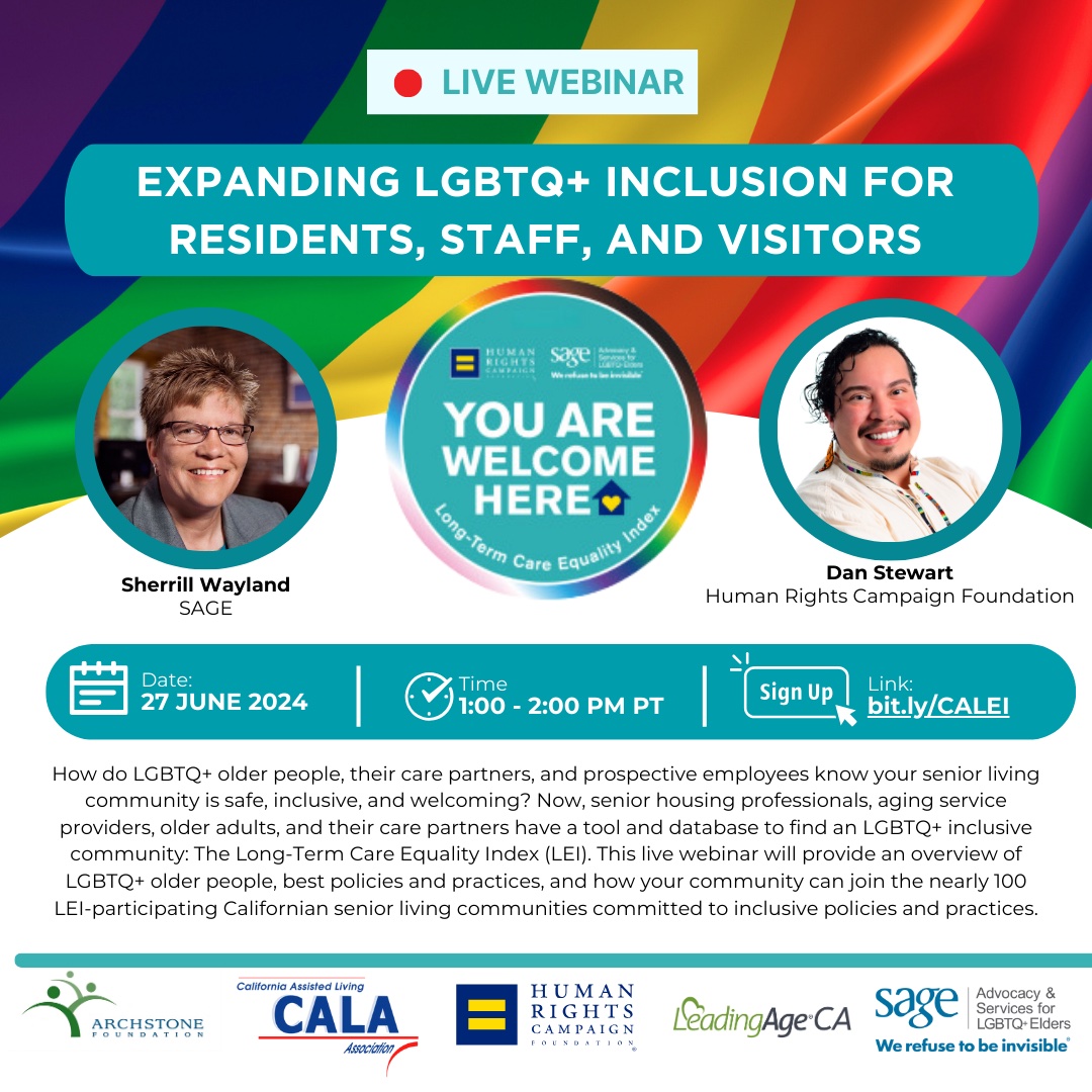 ArchstoneFdn's tweet photo. 🎉 Celebrate #PrideMonth by promoting LGBTQ+ inclusion in senior living! Learn about the Long-Term Equality Index (LEI) and join us on Thursday, June 27 at 1 PM PT: [https://t.co/ODkgVNLUcd] 🏳️‍⚧️ #SeniorLiving #LGBTQSeniorLiving #Equity #Inclusion https://t.co/8I2fR9FtVA