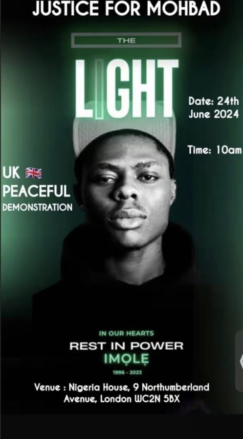 Justice_Mohbad's tweet photo. Join our peaceful demonstration in London, United Kingdom 🇬🇧 to demand the authenticity of Mohbad's toxicology report. 

DATE: 24th June, 2024
TIME: 10:00 AM
ADDRESS: Nigerian house, Northumberland  Avenue, London WC2N 5BX 

#JusticeForMohbad ✊ https://t.co/Y1BVAZPNDq