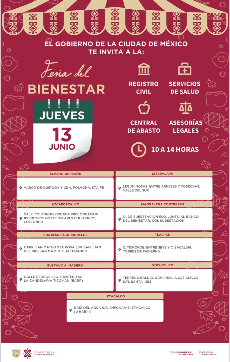 Todos_Somos_PC's tweet photo. ¡Jueves para tu bienestar!💕

Con 9 sedes en la ciudad, l@s compañer@s de Participación Ciudadana de #SIBISO te invitan a las #FeriasDelBienestar, donde disfrutarás de:

📜 Actas de nacimiento
🫶 Programas sociales
👩‍⚖️ Servicio legal

¡Estamos de 10 a 14 hrs! 🕙

#TrabajamosParaTi https://t.co/ZtFrp45ZXj