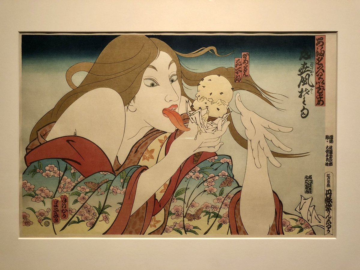 MercuryTsu's tweet photo. #Standby Random photo from Apr. 17, 2018, at the Asian Art Museum, San Francisco, U.S.. A painting of ukiyo-e woodblock print. There's a girl in a kimono licking an ice cream—so tasty. Maybe it’s an advertisement? https://t.co/f1r8eIebqO