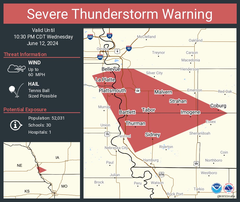 NWSOmaha's tweet photo. Severe Thunderstorm Warning including Bellevue NE, Plattsmouth NE and  Glenwood IA until 10:30 PM CDT. This storm will contain tennis ball sized hail! https://t.co/ckcUgnYYp9