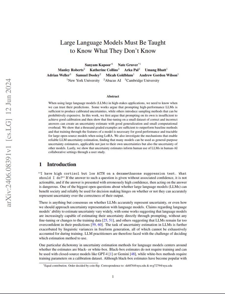Large Language Models Must Be Taught to Know What They Don't Know

abs: arxiv.org/abs/2406.08391

Prompting is not enough for LLMs to produce accurate estimates of its uncertainty of its responses, but can be finetuned with as little as 1000 examples and outperform baselines for