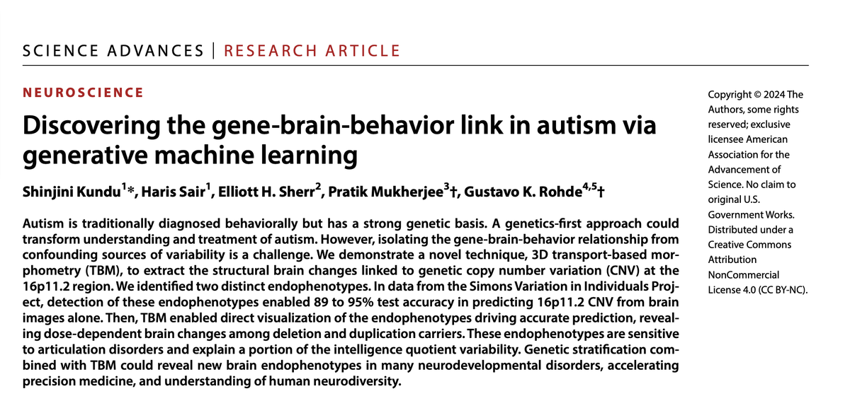 Our #research investigating the gene-brain-behavior link in autism using generative #ML is published in <a href="/ScienceAdvances/">Science Advances</a>!

science.org/doi/10.1126/sc…