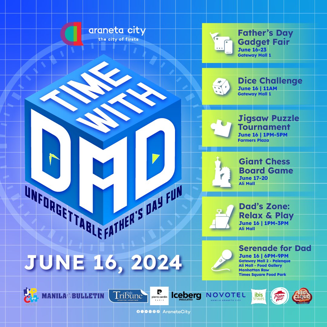 AranetaCity's tweet photo. Spend quality time with Dad this Father's Day at the #CityOfFirsts! βοΈπ¨π»
Join us this Father's Day and turn every moment into a memory with Dad! Enjoy exciting activities and create unforgettable experiences together! π
#AranetaAt70 #CityOfFirsts #AranetaCity #TimeWithDad https://t.co/J2NE89LGVC