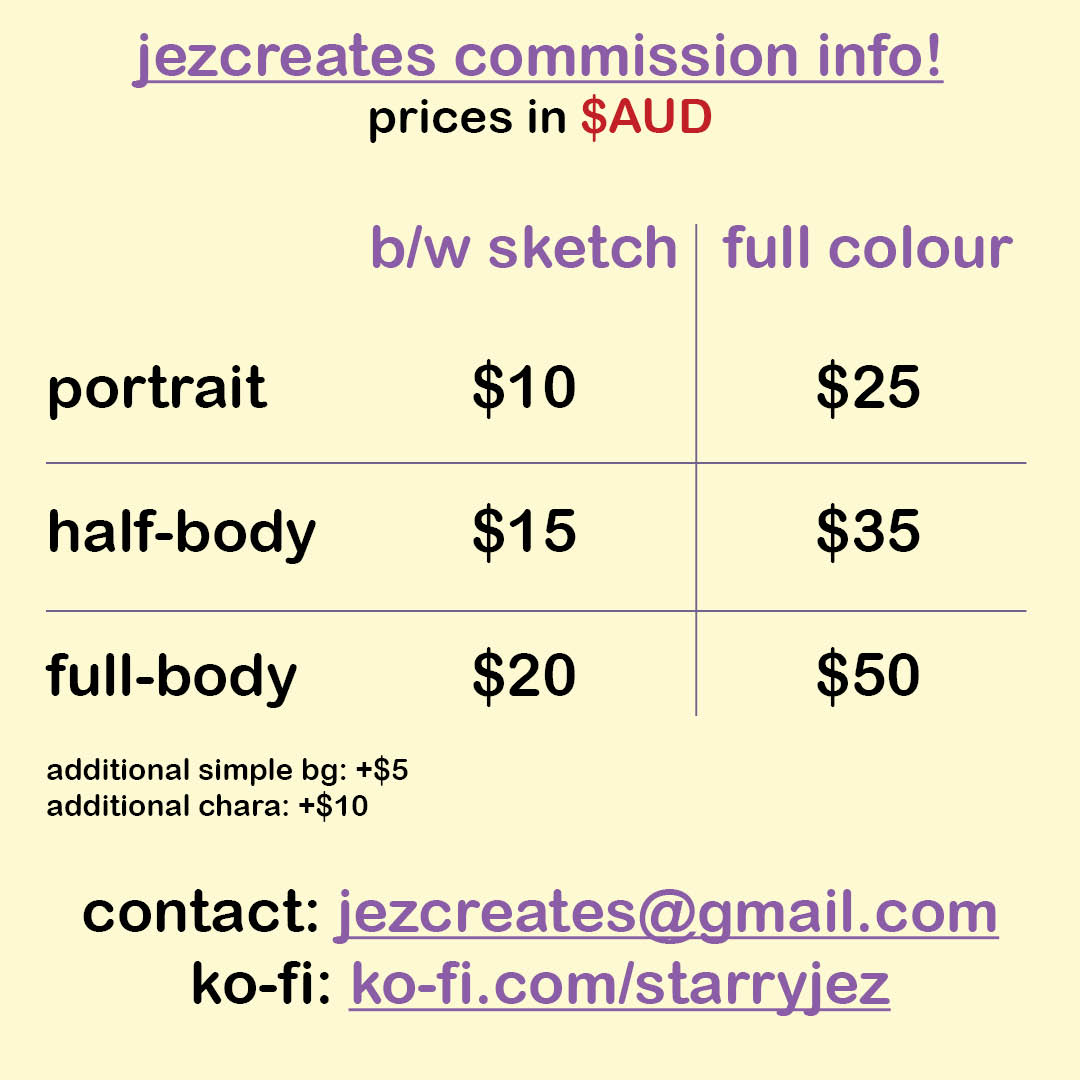 jezdraws's tweet photo. hii, i'm now accepting commissions! details + prices below. i prefer contact through email but dms are okay. you can check out my media tab/pinned for more work. i'd rly appreciate if you can share, thanks !! <3

#commissions https://t.co/Hp6cyZ1hKo