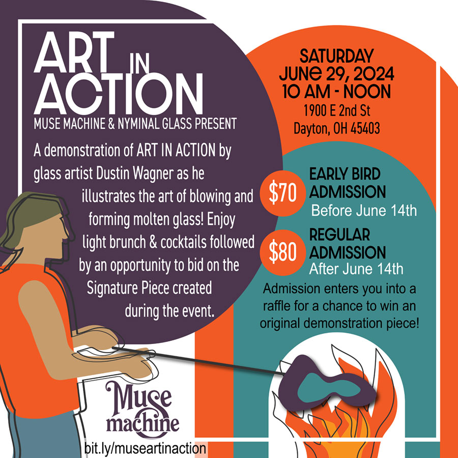 Join Muse Machine for a glassblowing exhibition, plus light brunch and cocktails on Sat, June 29! Complete details and registration at bit.ly/museartinaction