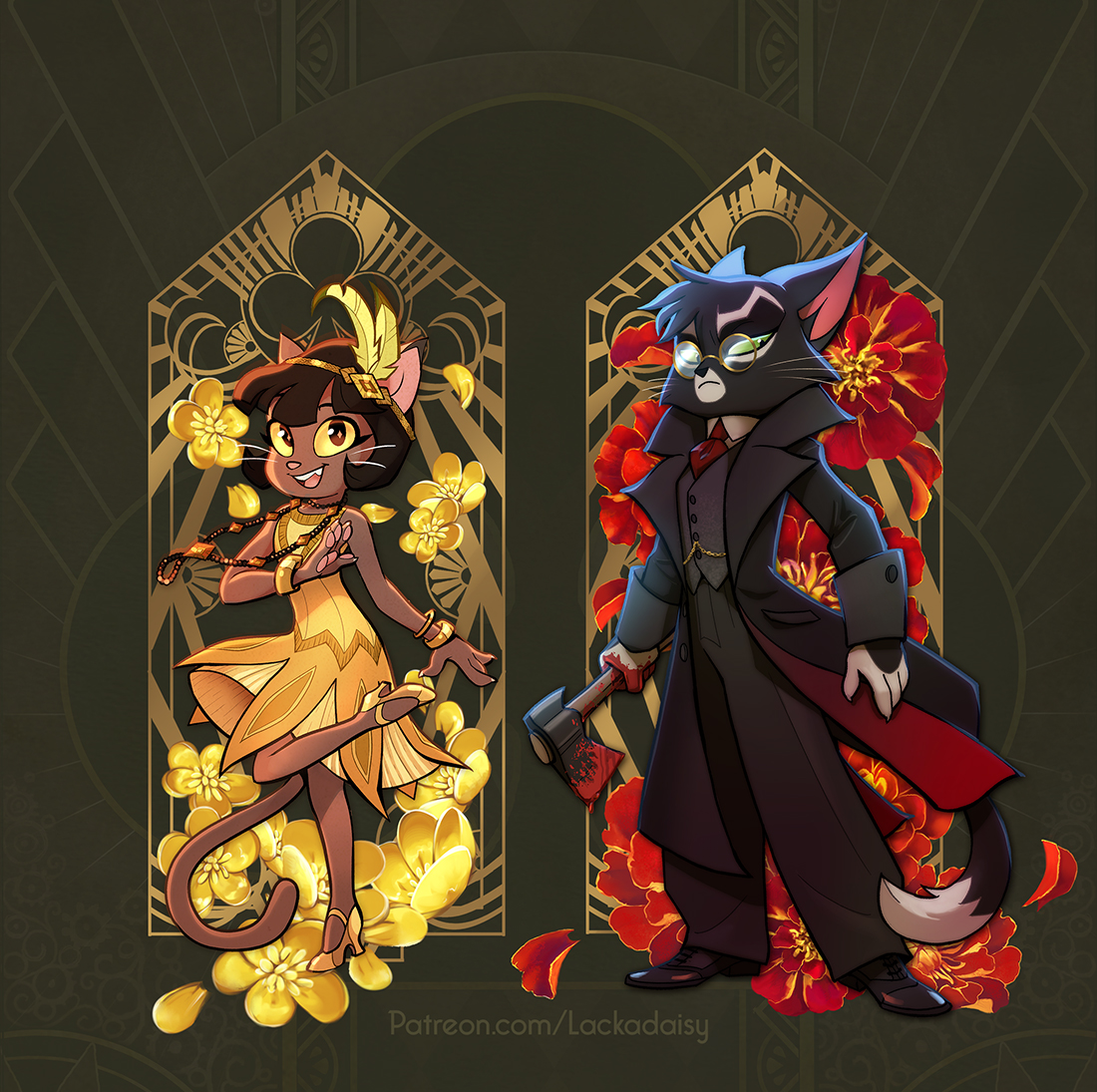 Ivy and Mordecai standee art.
(The characters are actually on a separate acrylic layer from the flowery backdrop.)

These standees are available until June 20th!
LackadaisyShop.hellojuniper.com