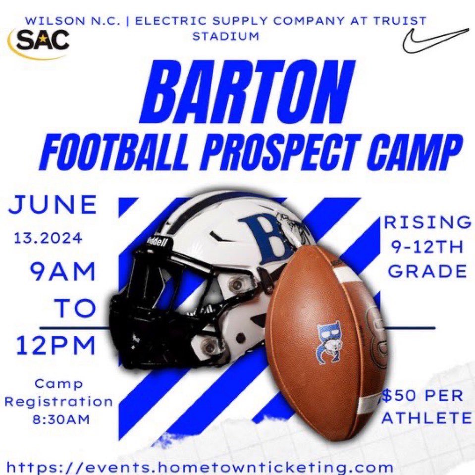 I will be attending Barton’s Football Prospect Camp ready to work.

<a href="/Coach_Colant/">Caysey Colant</a> 
<a href="/CoachBurnetteBC/">Treiston Burnette</a> 
<a href="/Coach_CainOL/">Coach CJ Cain</a> 
<a href="/Coach_JVinson/">Coach Vinson</a>
