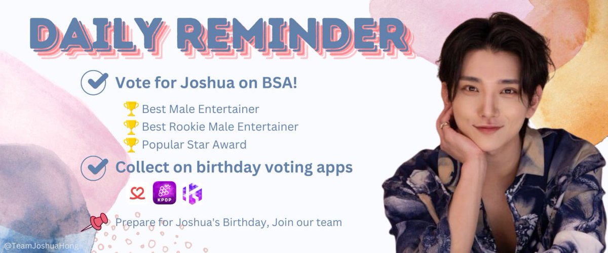 JOSHUSHUSHUs &amp; CARATs! 
 
Don't forget to:
➡️Vote for Joshua on BSA
🏆Male Entertainer Award
🏆Male Rookie Entertainer Award
🏆Popular Star Award 

➡️Collect on CHOEAEDOL, PODOAL &amp; KPOP STARPIC

#JOSHUA #조슈아 #SEVENTEEN #세븐틴