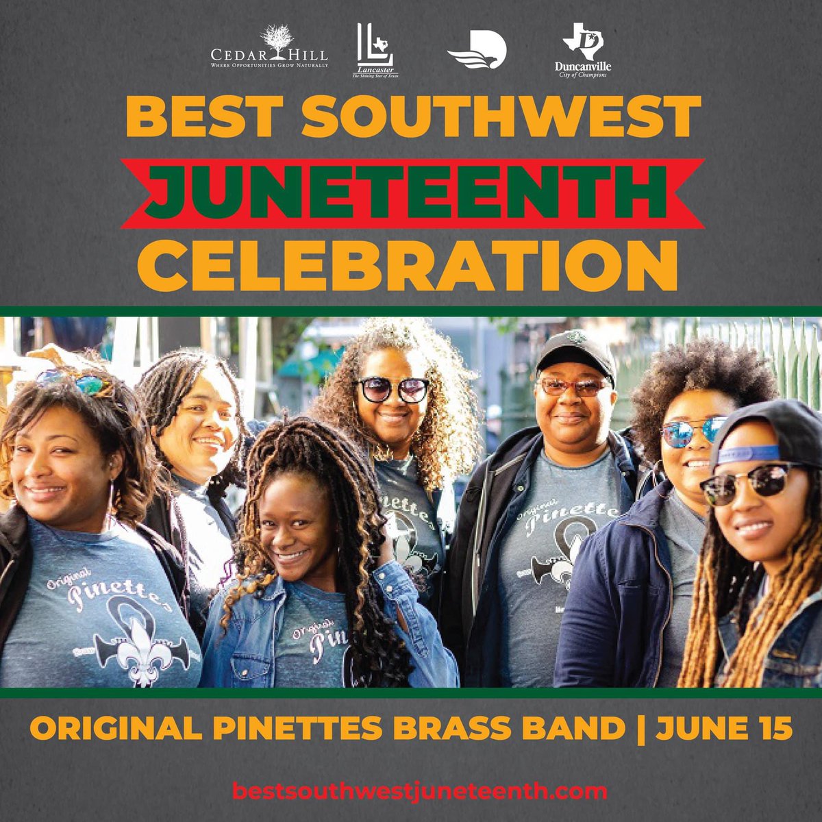 OrigPinettes's tweet photo. 🚨Saturday, June 15th🚨
Catch us at Best Southwest Juneteenth Celebration in Valley Ridge Park. We will be opening up for the wonderful group Atlantic Starr! We take the stage at 7pm SHARP and free admission!
#NOLA #OPBB #LiveShowKillas
#JuneteenthCelebration #OriginalPinettes https://t.co/BkK8Q7OPJM