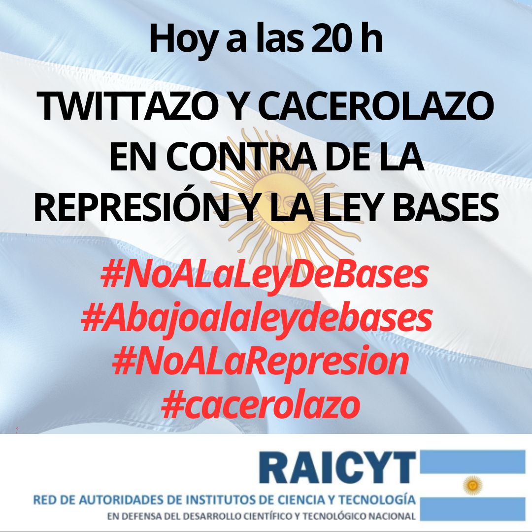 📢 Ante los gravísimos hechos de hoy, convocamos esta noche a las 20h a un gran TWITTAZO Y CACEROLAZO EN CONTRA DE LA REPRESIÓN Y LA LEY BASES‼️

#NoALaLeyDeBases
#Abajoalaleydebases
#NoALaRepresion
#cacerolazo