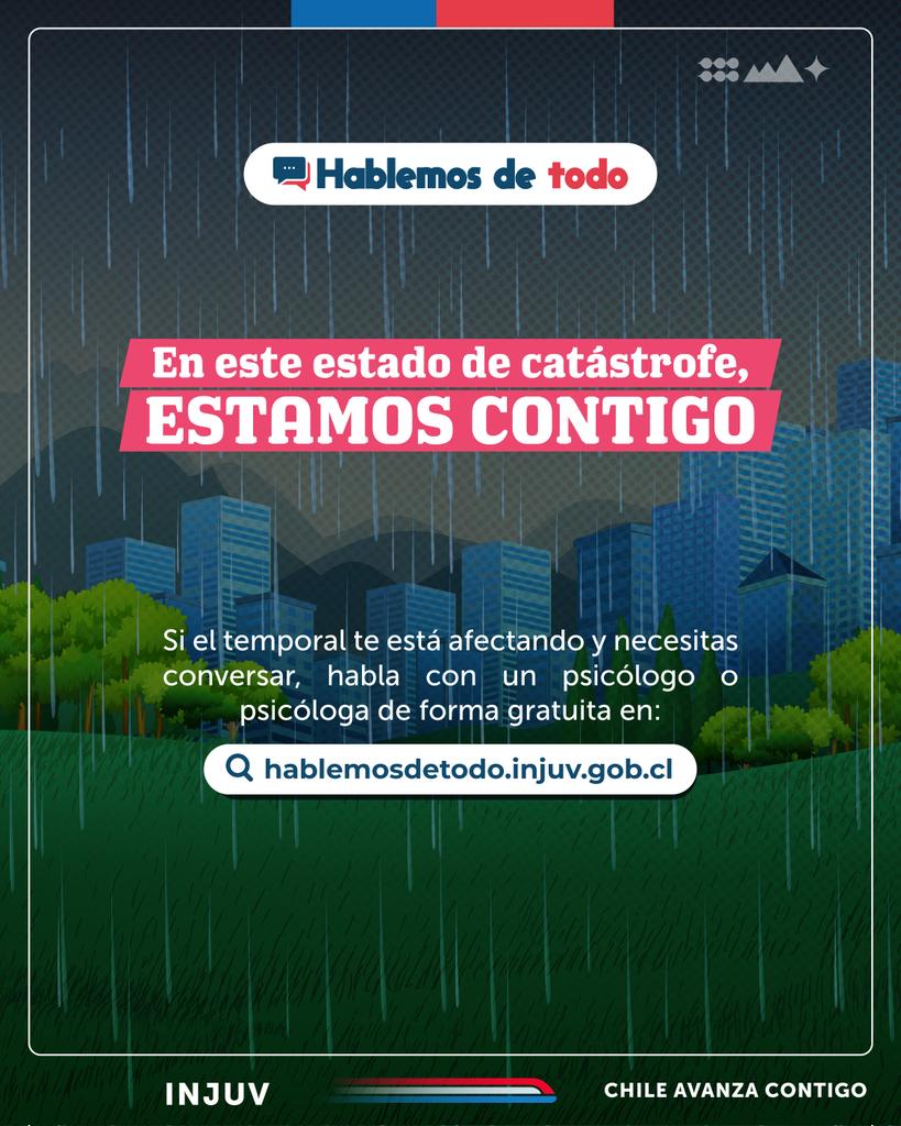 ⛈️ En estos momentos complejos queremos ser una mano amiga. Si necesitas conversar sobre el temporal y sus consecuencias, como la ansiedad, el estrés o cualquier otra temática, puedes hablar de forma gratuita con un psicólogo en hablemosdetodo.injuv.gob.cl.