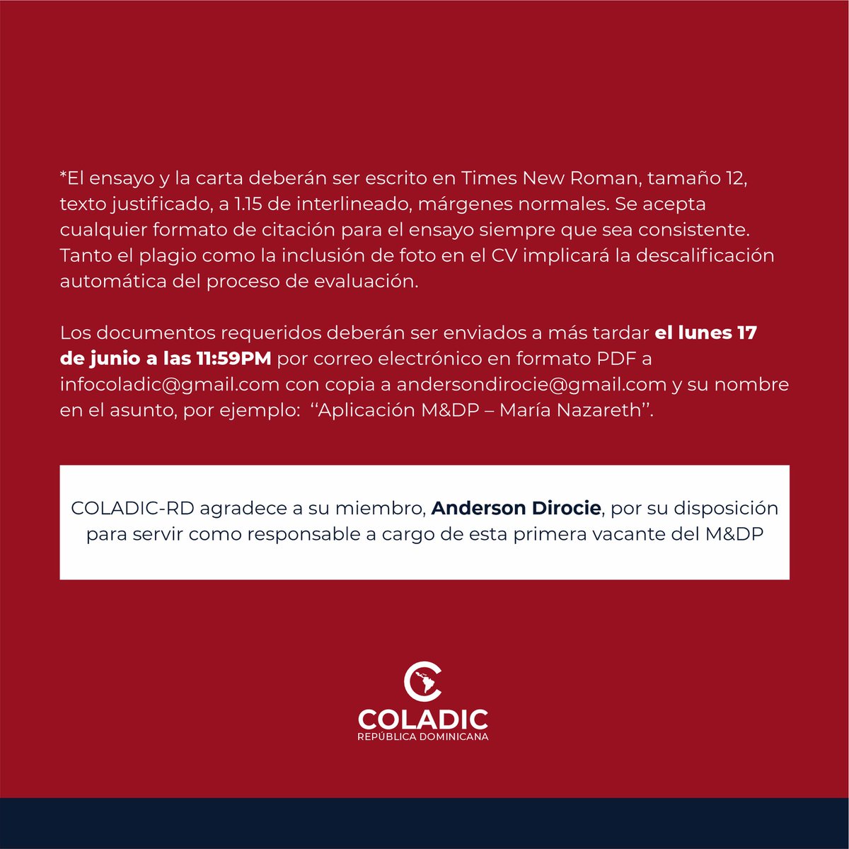 coladicrd's tweet image. Nos llena de alegría dar inicio a la primera convocatoria de nuestro programa de mentoría y desarrollo profesional (M&amp;amp;DP). 

Fecha límite de aplicación: lunes 17 de junio de 2024 a las 11:59P.M. Para más inf:  vía correo a infocoladic@gmail.com