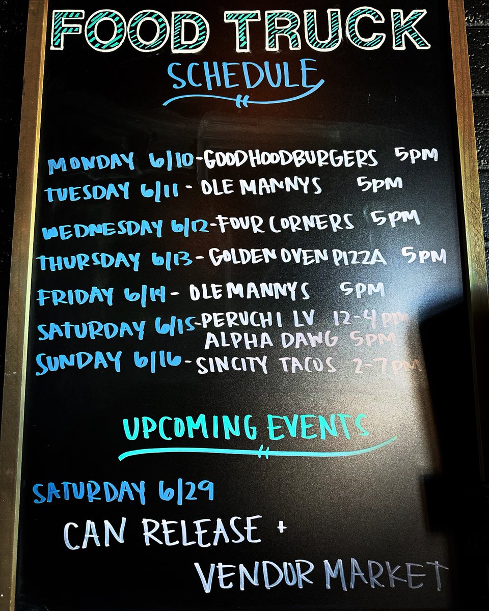 Here are this week’s food trucks down at the brewery! 🍔🌮🌯🍕🌭🍟 

Monday: @goodhoodburgers 
Tuesday: <a href="/olemannys/">OleMannys</a> 
Wednesday: @4corners_streetkitchen 
Thursday: @goldenovenpizza 
Friday: <a href="/olemannys/">OleMannys</a> 
Saturday: @peruchi_lv 12 &amp; <a href="/alphadawg_lv/">Alpha Dawg LV</a> 5pm
Sunday: @sin_city_tacos_llc at 2pm