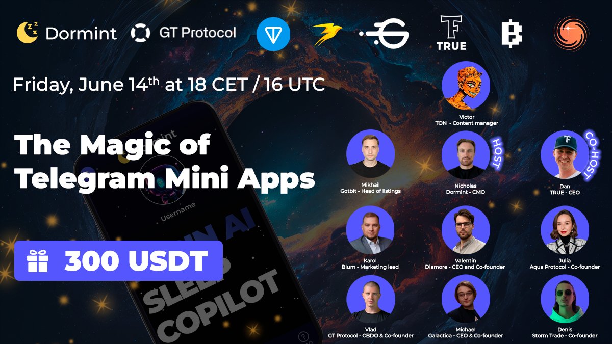 Dormint_io's tweet photo. ⚠️ EXPLOSION ALERT⚠️  
🚨 DANGER OF IMPENDING BLAST

😱Come join @Dormint_io & @TRUExWorld's LEGENDARY panel of guests this Friday for an EXCEPTIONAL discussion of Telegram mini-applications, and get a chance at a fantastic $300 USDT giveaway! 🎉 

Amazing panelists:

@becometa            
@GotBit  
@diamore_market  
@GT_Protocol   
@storm_trade_ton  
@GalacticaNet      
@s0meone_u_know 
@aquaprotocolxyz
@blumcrypto    
@ton_blockchain

📅 Date: June 14th, 16:00 UTC
💰 Reward: $300 USDT
📍Spaces link: https://t.co/MqesQBJ66s

To enter the $300 USDT giveaway:
✅ Follow @Dormint_io & @TRUExWorld
✅ Retweet this post
✅ Tag 2 friends who shouldn't miss out
✅ 10 winners - those who ask the best questions will win $30 USDT each

🌜Stay tuned & experience the Magic of Telegram mini apps!