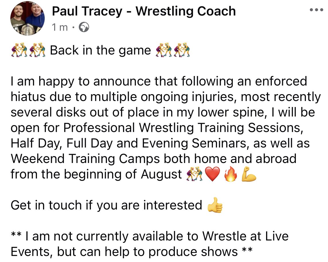 Available for some Professional Wrestling Training Sessions, Seminars, and Camps from August 🤼‍♀️❤️🔥

If any Promotions or Schools are interested please get in touch 😎

Thanks all 🙏