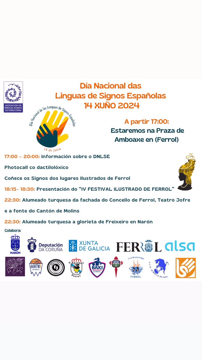 El viernes es 14 de junio el Día Nacional de las Lenguas de Signos Españolas en la Plaza de Amboage en Ferrol 

#DNLSE2024
#YoconlaLS

Racing Club Ferrol Almallo Classic Beach Rugby Abeconsa Basketmi Rondalla Só Elas O Parrulo Ferrol FS Sincro Ferrol Concello de Ferrol y Narón