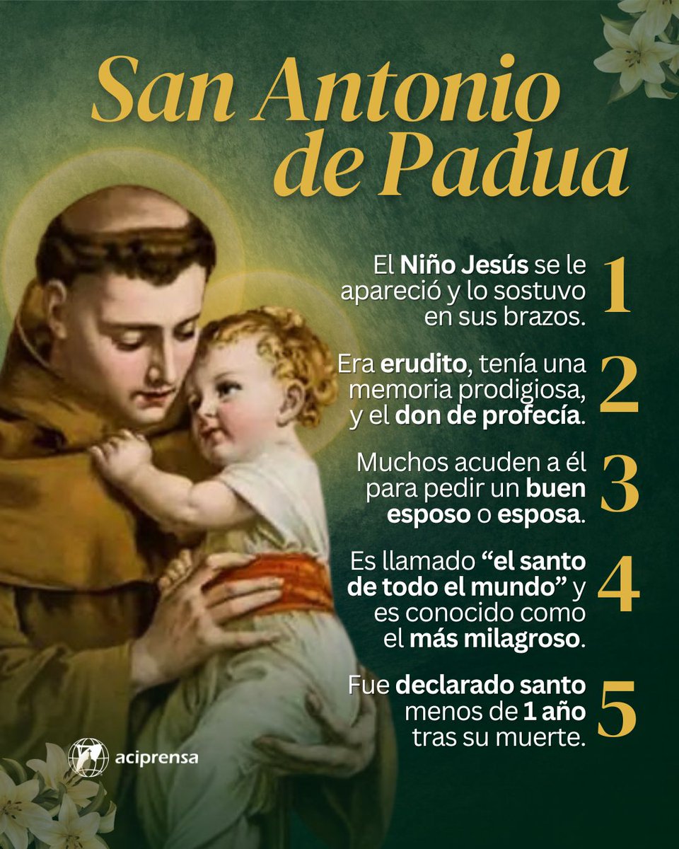 aciprensa's tweet photo. ¡Que por su intercesión alcancemos la Gloria del Cielo! 🙏❤️

El 13 de junio es la fiesta de San Antonio de Padua, Doctor de la Iglesia y patrono de las mujeres estériles, los pobres, los viajeros, albañiles, panaderos y papeleros. Aquí algunos datos que quizás no conocías sobre uno de los santos más queridos entre los católicos.

1. Se le representa con un Niño Jesús en brazos
San Antonio presenció una aparición del Niño Jesús, a quien sostuvo en sus brazos. Por esa razón, en las imágenes y pinturas se le representa junto al Niño Dios.

2. Tenía muchos dones
El santo era un gran predicador, pues tenía una voz clara y fuerte, un talante imponente, una memoria prodigiosa y un profundo conocimiento. Además, tenía el don de profecía y un extraordinario don de milagros.

3. Es muy famoso
Muchas personas acuden a él para pedir un buen esposo o esposa. Si bien rezar para pedir su intercesión es bueno, algunas personas llegan al punto de recurrir a prácticas que caen en la superstición y posiblemente en idolatría como poner su imagen de cabeza, realizar ofrendas con 13 monedas el día de su fiesta, escribir cartas detallando las cualidades que quiere para su futura pareja u otros rituales similares.

4. Lo conocen como el santo más milagroso
El santo es reconocido por obrar actos prodigiosos, al punto de que es reconocido como el más grande taumaturgo (don de hacer milagros) de todos los tiempos. El Papa León XII lo llamó “el santo de todo el mundo”, porque por todas partes se puede encontrar su imagen y devoción.

5. Su canonización fue una de las más rápidas de la historia
El Papa Gregorio IX lo canonizó menos de un año después de su muerte, el 30 de mayo de 1232.

Más información:
👉 https://t.co/dtTwpLxFbr