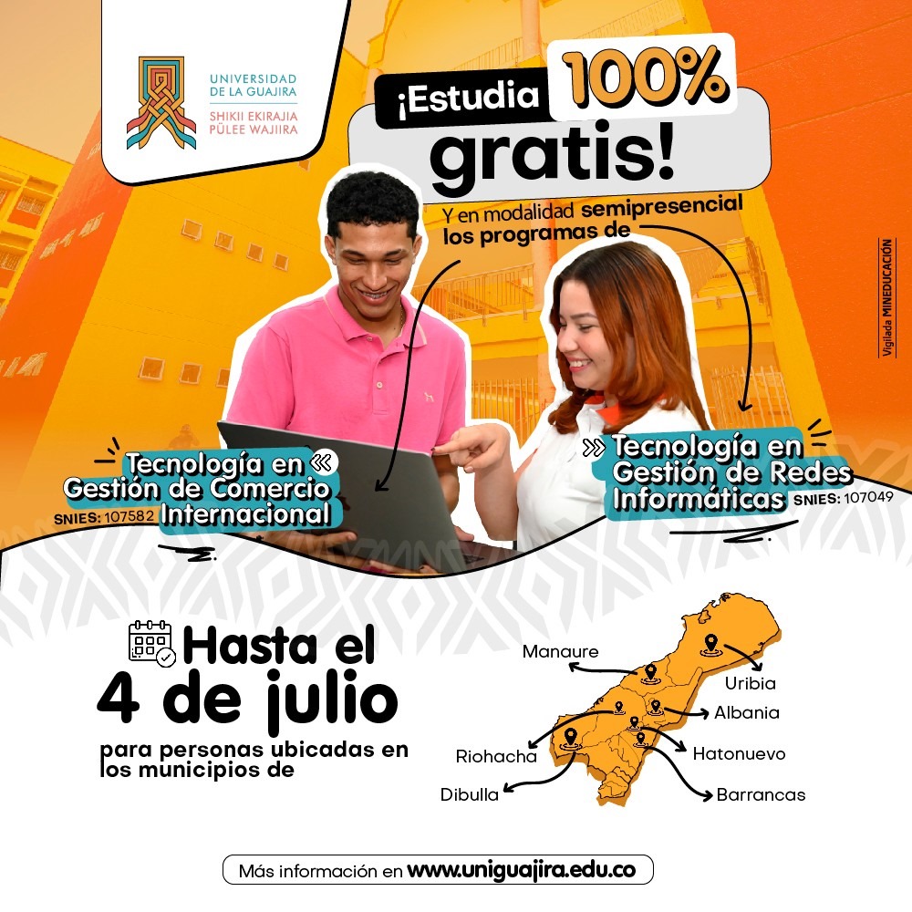 jesusjpm21's tweet photo. ¡🚀 Inscríbete ahora en nuestras carreras tecnológicas totalmente gratis!
La Universidad de La Guajira te ofrece la oportunidad de formarte en una de nuestras carreras tecnológicas sin costo alguno. Únete 
Inscríbete aquí: https://t.co/2AhTFSUCNA https://t.co/jrJXvrTszt