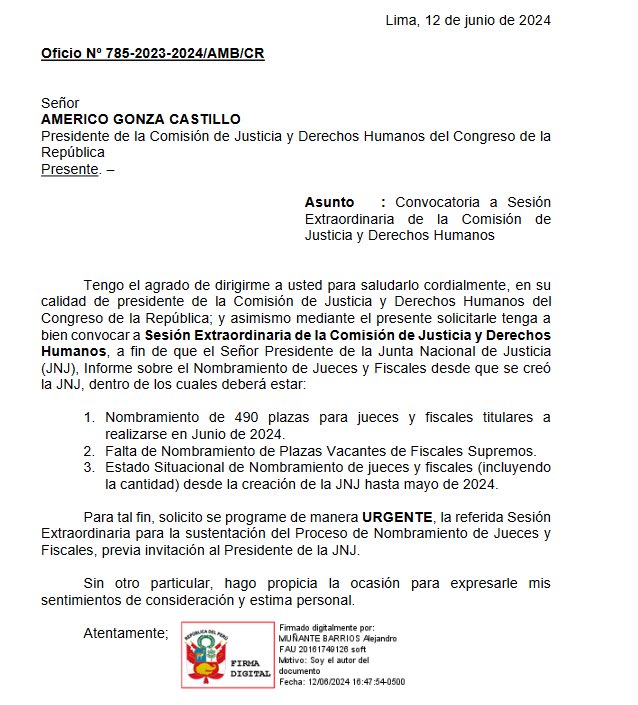 AlejoMunante's tweet photo. 🚨#OFICIADO | La @JNJPeru en un anterior post (desde su cuenta oficial) me ha respondido que hasta la fecha han nombrado menos de 200 magistrados; sin embargo, ad portas de terminar su periodo, quieren hacer en este mes lo que no se hizo en más de cuatro años de mandato (nombrar a casi 500). Por ello, preocupa que la nueva selección y nombramiento de jueces y fiscales no cumpla con los estándares mínimos requeridos y no tengamos a los mejores profesionales al frente de la administración de justicia; peor aún cuando vemos en los diferentes medios que muchos delincuentes capturados en flagrancia o tras un exhaustivo operativo policial son liberados sin ningún tipo de pudor.  Sumado a esto, también preocupa que hasta la fecha no se hayan cubierto las plazas para fiscales supremos.

En ese sentido, y de conformidad con los artículos 96 y 97 de la Constitución Política, he oficiado al presidente de la Comisión de Justicia del @congresoperu, para que convoque a una sesión extraordinaria e invite al presidente de la #JNJ a informar sobre el estado de estos nombramientos, por ser de interés público.