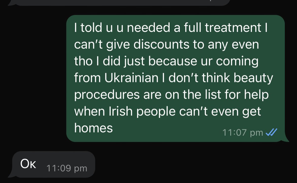 Wow so apparently we she give discounts to the Ukrainians in Ireland that get houses faster than the Irish for beauty procedures
