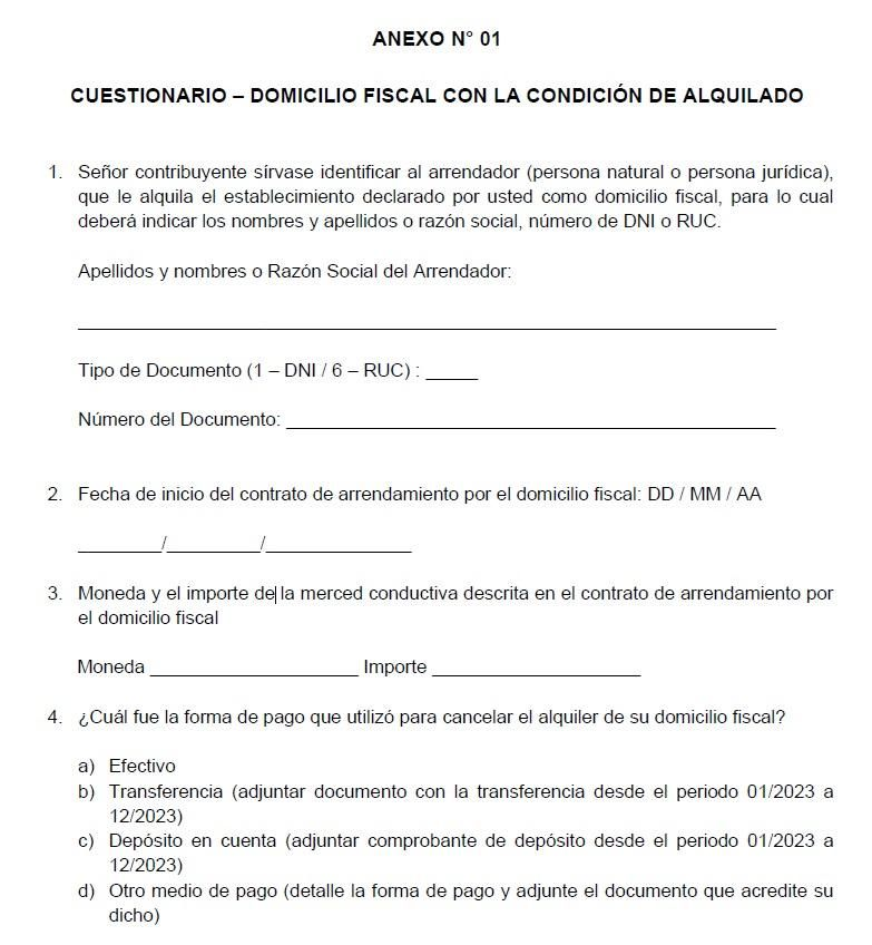 topcontabilidad's tweet photo. Anexo 01 Cuestionario - Domicilio Fiscal con la condicion de Alquilado
Esto incluye presentar el contrato de alquiler y los comprobantes de pago correspondientes.
A aquellos contribuyentes que declaran que su domicilio fiscal es alquilado https://t.co/nzmaddURgf