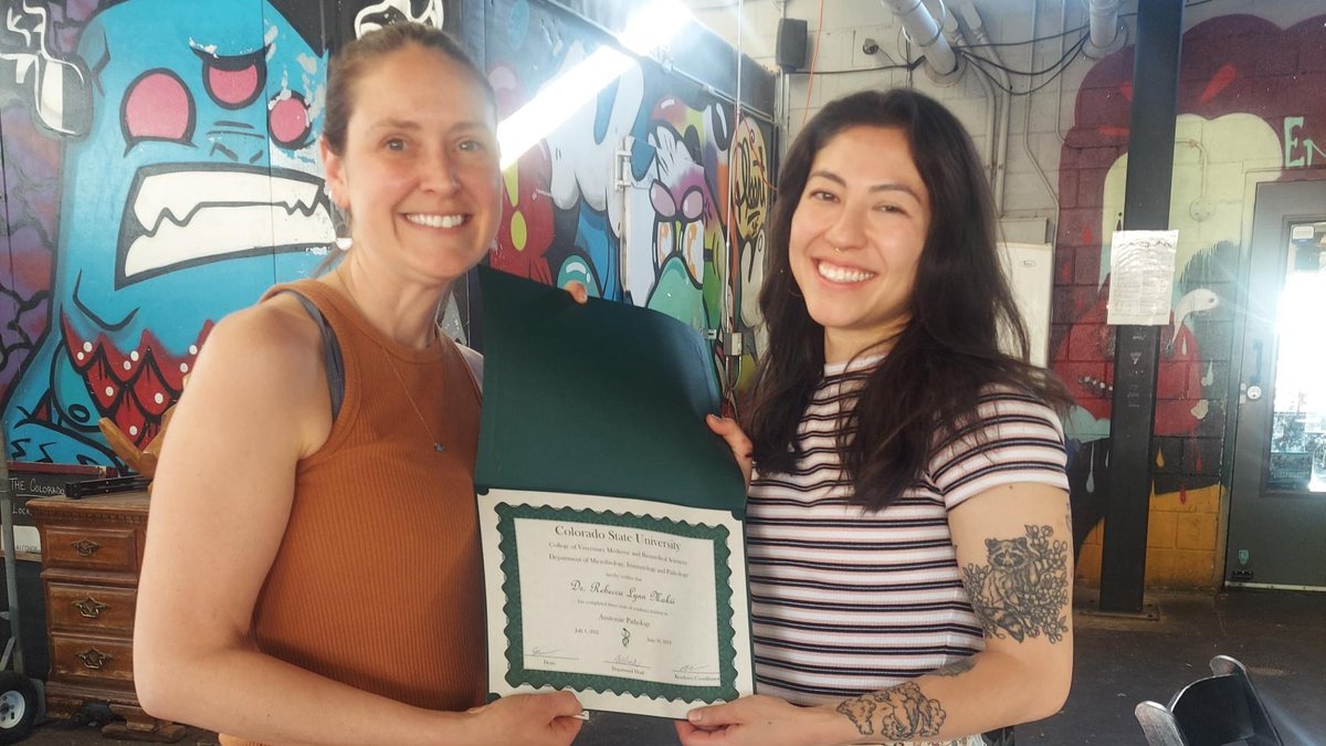 CSU_MIP's tweet photo. 👏 Cheers to the three veterinary residents who celebrate the completion of their post-DVM residencies in #VeterinaryPathology this summer: Drs. Sydney Bork, Becca Makii & Jorge Mendieta Calle!
#VetResidents #AnatomicPathology #ClinicalPathology #DVM #VetMed #ClinicalDiagnostics https://t.co/Xusz82rzsm