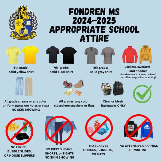 Hey Mustangs! 🐎The dress code is changing next year! As we gear up for an amazing school year, let's make sure we all follow the dress code to keep our school looking sharp and feeling safe. Here's what you need to know:
👚 Grade-Level Solid Shirts: Rock your grade colors with