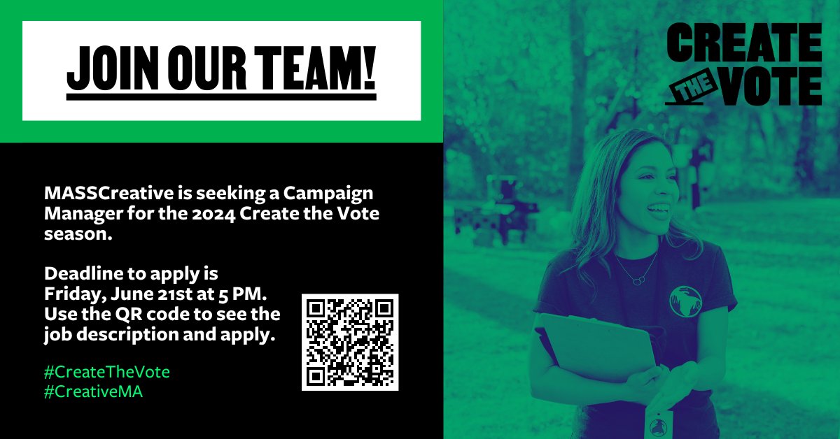MASSCreative's tweet photo. Applications close next Friday for our 2024 Create the Vote Campaign Manager role. Apply today to join our team and elevate the impact of creativity this election season! #CreateTheVote #CreativeMA https://t.co/WKlJoLtIsQ https://t.co/tv5sBweSvL