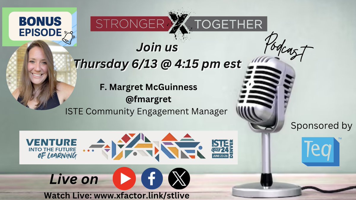 Dr. Matthew X. Joseph (@matthewxjoseph) on Twitter photo This week we continue the #strongerTogether podcast highlighting <a href="/ISTEofficial/">ISTE</a>
Honored and excited to have <a href="/fmargret/">F. Margret McGuinness</a> #ISTE Community Engagement Manager join live Thursday 4:15 est
Watch Live: xfactor.link/stlive or here on <a href="/X/">X</a> Thank you <a href="/TeqProducts/">TeqProducts</a> for your partnership This week we continue the #strongerTogether podcast highlighting <a href="/ISTEofficial/">ISTE</a>
Honored and excited to have <a href="/fmargret/">F. Margret McGuinness</a> #ISTE Community Engagement Manager join live Thursday 4:15 est
Watch Live: xfactor.link/stlive or here on <a href="/X/">X</a> Thank you <a href="/TeqProducts/">TeqProducts</a> for your partnership