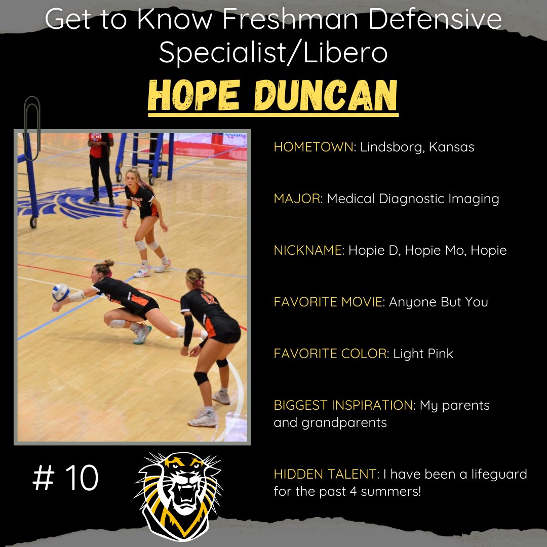 fhsuvb's tweet photo. All about —> HOPE DUNCAN!!!🐯🖤🏐💛

Fun Fact: Hope’s favorite song is Ode to Bourbon by Treaty Oak Revival!

We are so excited to have you in our Tiger Family!!🖤💛
#fhsuvb #defendthefort #freshman https://t.co/TAarQhNwc6