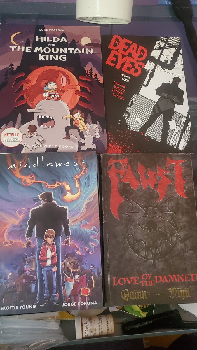 JamesLeeStone's tweet photo. People ask sometimes,  what do you read? For me? It's the art and my tastes are... eclectic to say the least. 
1) #Hilda @thatlukeperson 
2) #DeadEyes  @GerryDuggan @mccreaman @MrMichaelSpicer 
3) #MiddleWest @skottieyoung @jecorona 
4) #Faust #Quinn and #TimVigil https://t.co/NIDcm08VFt