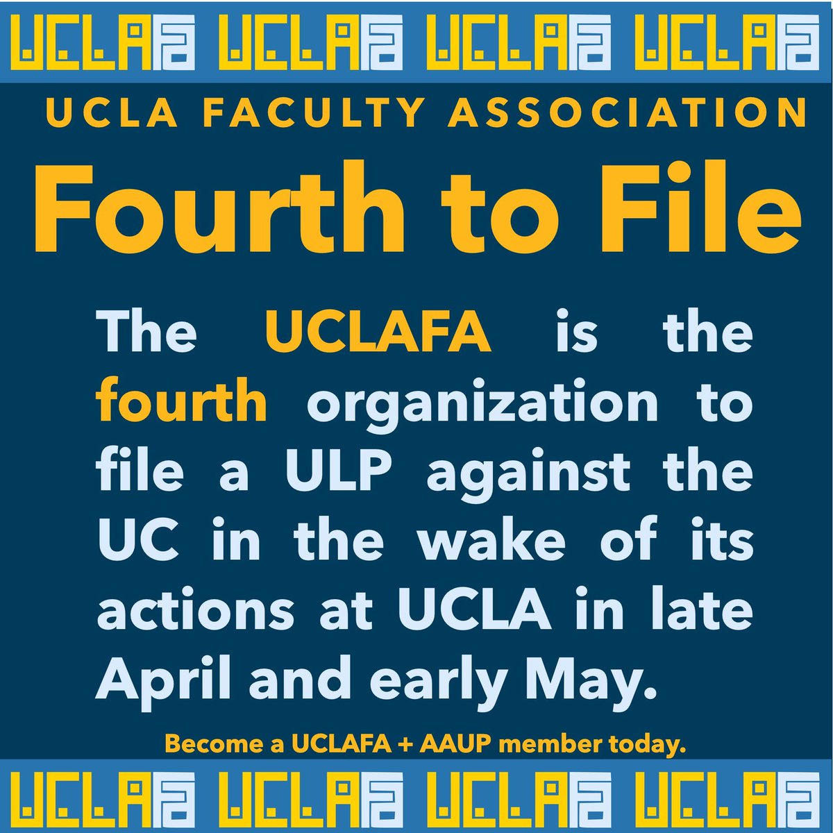 The #UCLAFA is the fourth organization to file a ULP against the UC in the wake of its actions at #UCLA in late April and early May.