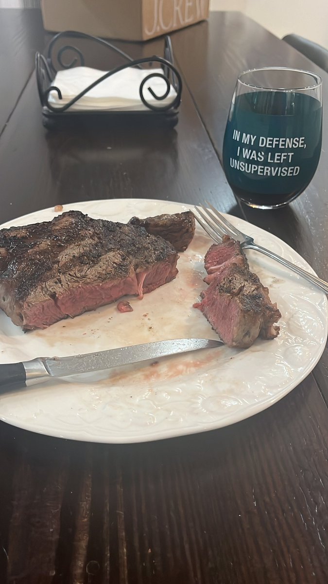 bigkahuna69420_'s tweet photo. big ole ribeye from Lewis Cattle and wine from my fathers cellar while the whole fam is on vacation #inmydefense https://t.co/BaxIVnhakO