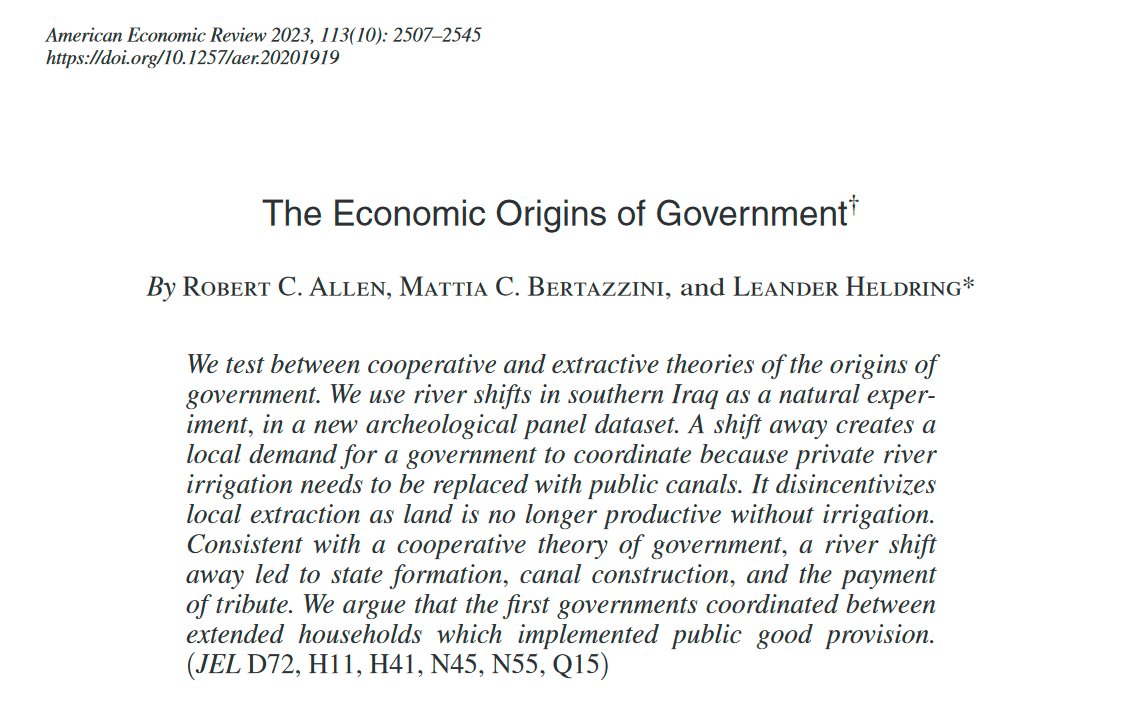 Scholars_Stage's tweet photo. This is a very fun paper where economists integrate loads of archeological data from ancient Mesopotamia to test theories of why governments exist https://t.co/Yay5VU5UTz https://t.co/J8kj6re7GI