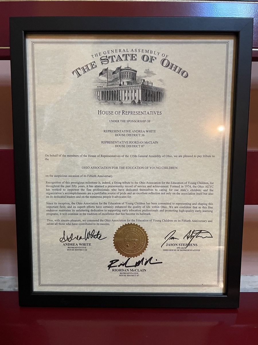🎉 A special day for Ohio AEYC! Today, we were honored by the Ohio House of Representatives on our 50th Anniversary. Heartfelt thanks to Representatives Andrea White and Riordan McClain for celebrating this milestone and recognizing the incredible contributions of our dedicated