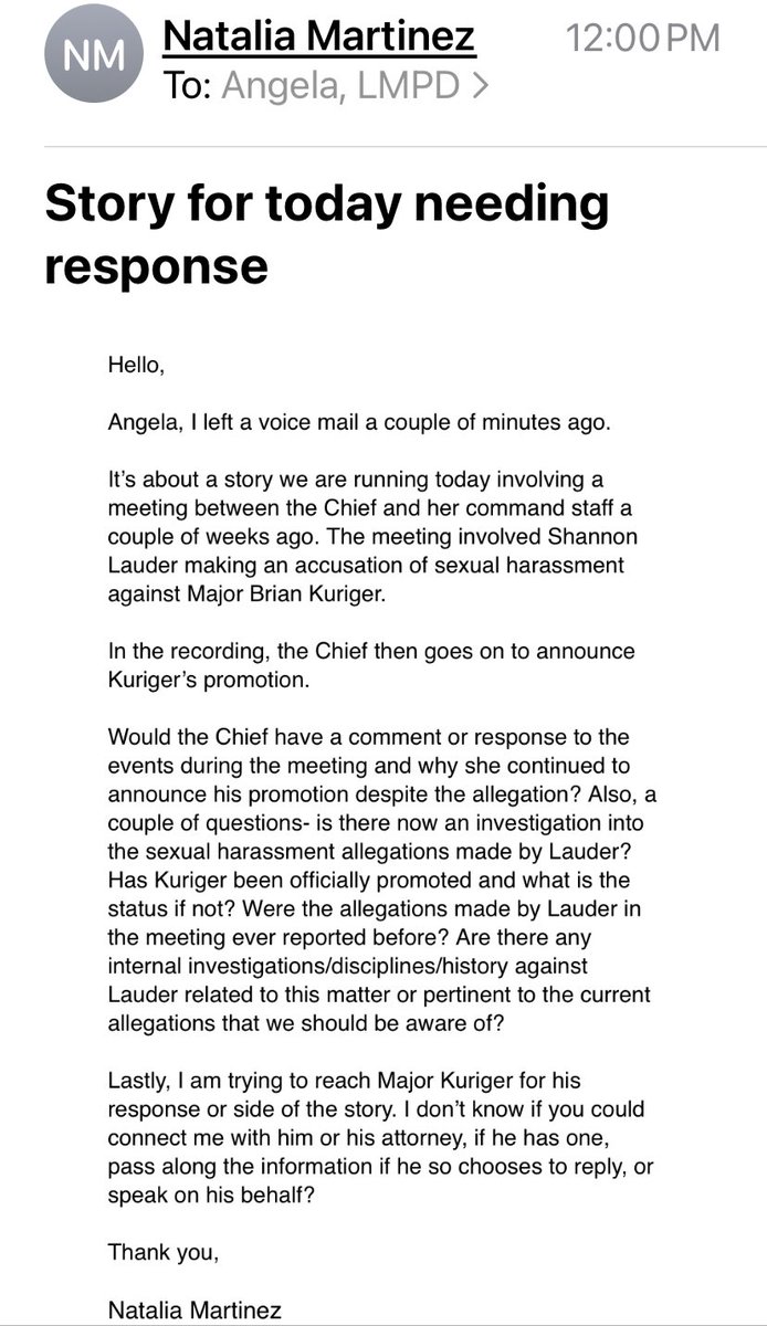 My email to <a href="/LMPD/">LMPD</a>’s media contact hours before the announcement of Chief’s suspension regarding the alleged sexual harassment incident. I never got a response. <a href="/wave3news/">WAVE</a>