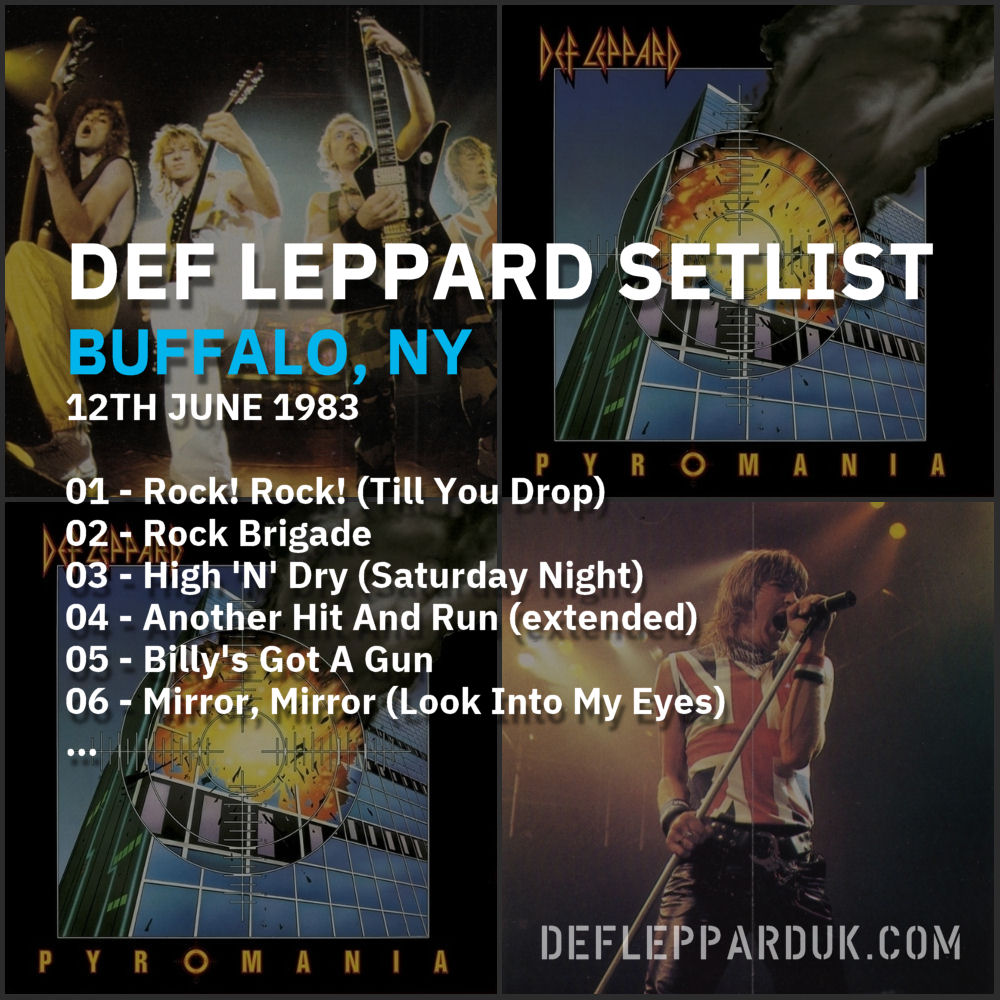 dltourhistory's tweet photo. #DefLeppard #Setlist for a show in
#Buffalo NY USA ๐บ๐ธ 41 Years Ago on this day in 1983
01 - Rock! Rock! (Till You Drop)
02 - Rock Brigade
03 - High 'N' Dry...
#Pyromania #steveclark #pyromaniatour #joeelliott #ricksavage #rickallen #philcollen
https://t.co/2VQqLTQBZ6 https://t.co/b2wi1dJQiW