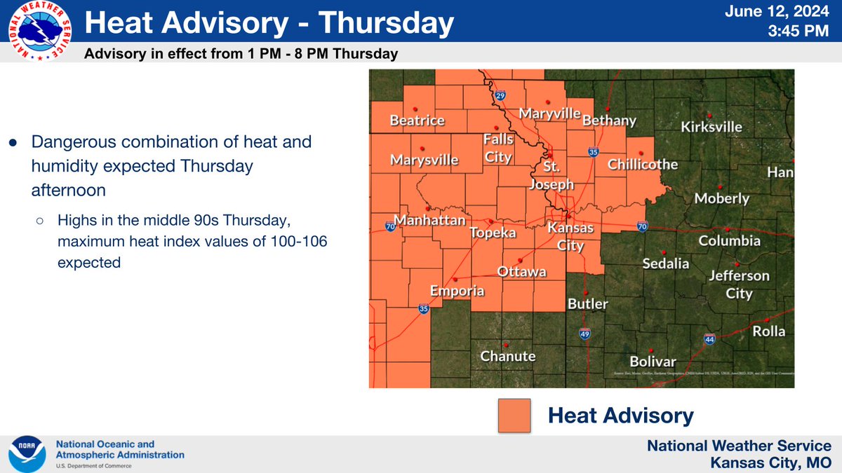 NWSKansasCity's tweet photo. Hot &amp; humid conditions expected tomorrow, with highs in the mid-90s and heat index values in the 100-106 range. These conditions will fuel thunderstorms late tomorrow afternoon into the overnight hours. Some of those storms could be severe, with large hail and damaging winds. https://t.co/KXrg2eNAkG