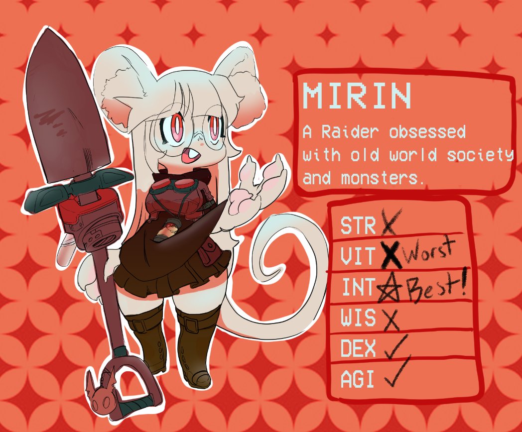 DEADRAID_'s tweet photo. Mirin can't help but continue learning about the old world. She wants to find something really important while raiding, something that will put her name in books and show everyone what a little mouse can do! https://t.co/ZpG2ZQXqp2