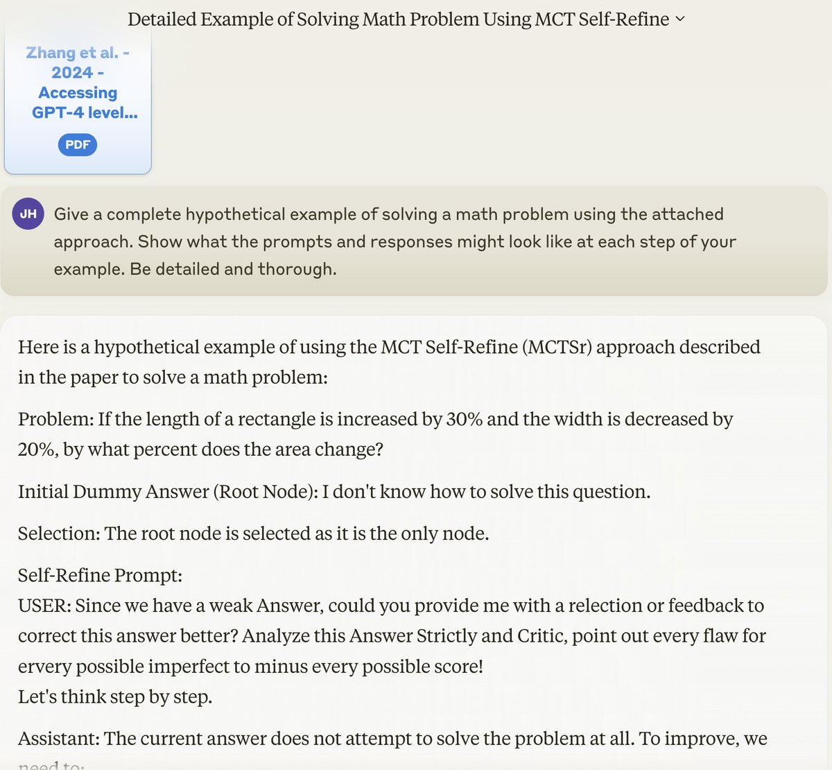 jeremyphoward's tweet photo. New paper just dropped, showing how to greatly increase math scores on LLMs by combining monte-carlo tree search (MCTS) with a language model.

Nice! But... what if instead, we simply tell the LLM to read the paper, and *pretend* it followed those steps? https://t.co/CizH4UnRwi